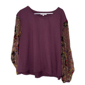 Umgee Plus Burgundy Sheer Floral Puffy Sleeve Blouse Size 1X